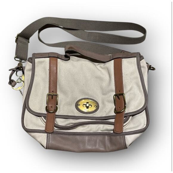 FOSSIL Long Live Vintage 54 Beige Canvas Messenger Bag Turn Lock Flap Lthr Trim - Picture 2 of 11
